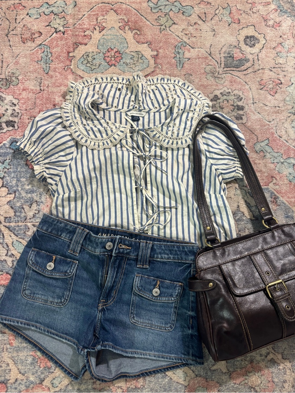 American Eagle Outfitters Blue & White Striped Lace-Up Peasant Blouse